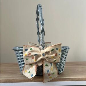 Vintage Woven Wicker Basket with Bow - Blue and Multicolor